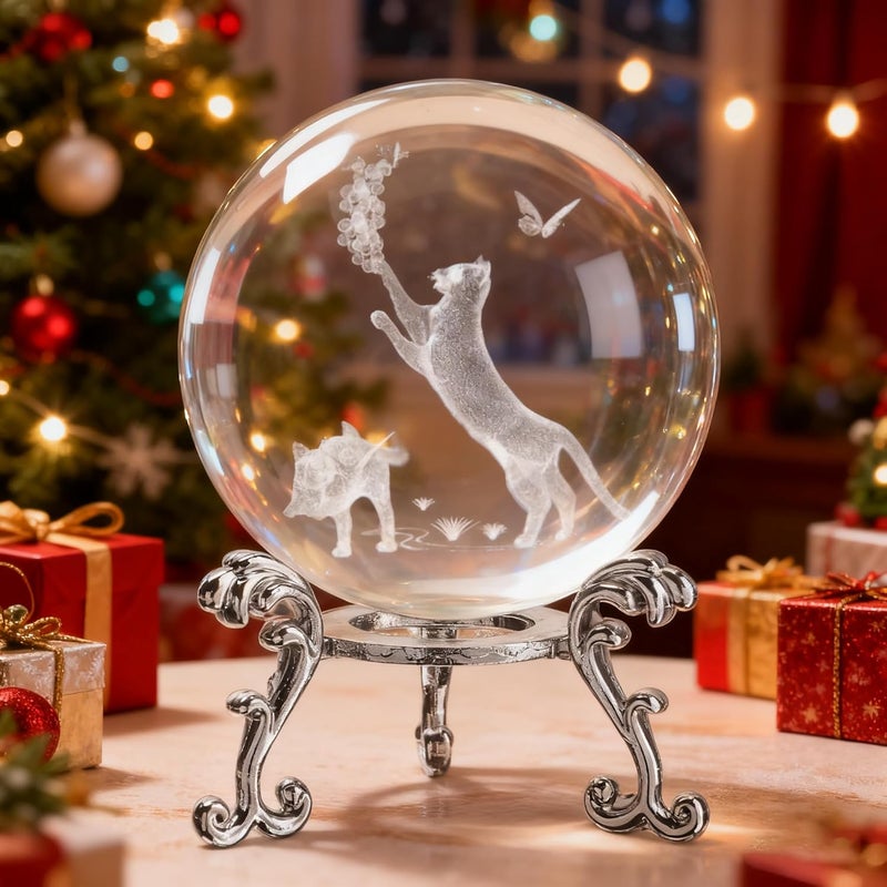 ZEERSHEE 60mm Crystal Ball with Stand - Laser Engraved Cat Sphere 3D Glass Ornament & Paperweight - Gifts for Cat Lovers - Image 1